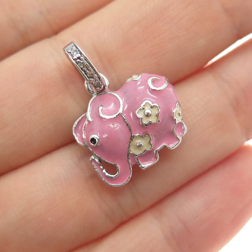 GALLERIA 925 Sterling Silver Enamel Round-Cut C Z Elephant Mini Charm Pendant